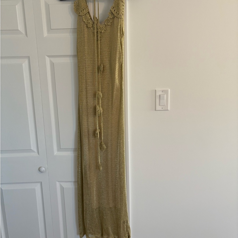 Elegant Gold Maxi Dress with Lace Details